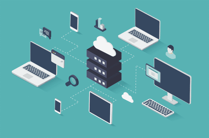 A network of client endpoints connect to cloud computing storage.