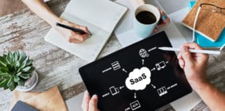 A cloud software-as-a-service (SaaS) application runs on tablet.