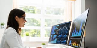 Employee reviews data analytics on dual monitors.