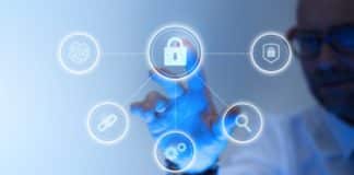 A hand touches cybersecurity icon in an interface.