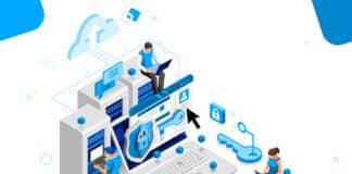 Employees work on data storage servers, hardware, and software in a cloud computing environment.