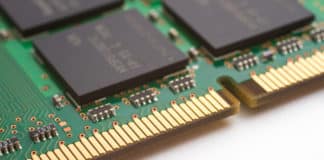Close-up shot of a computer component (RAM).