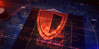 A shield on top a digital circuitboard.