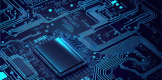 Illustration of an embedded chip in a circuitboard.