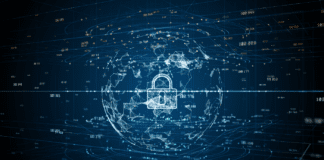 Digital render of the globe with a lock icon in a cyber environment.