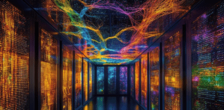 AI-generated image of a neural network connected to a data center server equipment.