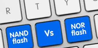 Blue keyboard keys text with NAND flash vs NOR flash text.
