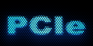 Blue lighted honeycomb shaped cells forming the word PCIe.