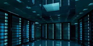 3D rendering of a dark server room/data center storage.