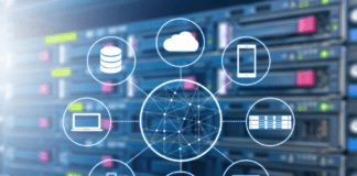 Cloud technology connected all devices with server and storage in datacenter background.