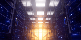 Modern interior server room data center.