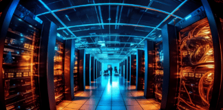 A fisheye view of a busy data center.