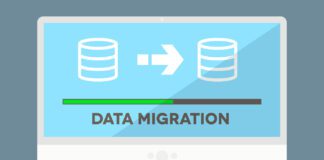 Minimalistic vector illustration of a monitor with data migration progress screen.