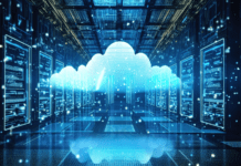 AI-generated image of cloud technology on a background of a data center.