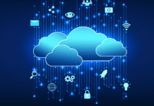 Multi-layered overlapping clouds with circuit connected technology icons.
