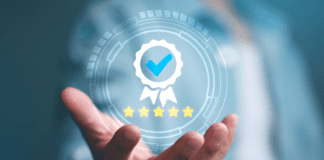 Hand carrying a virtual 5-star certification symbol.