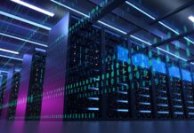 Working data center full of rack servers with virtual binary data on the foreground.