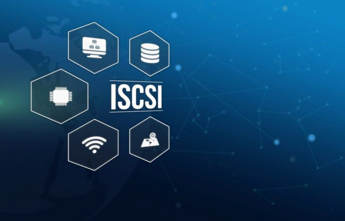 ISCSI inscription surrounded by storage-related icons on a blue technological background.