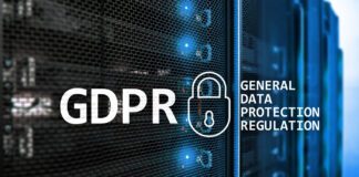 GDPR, General Data Protection Regulation inscription on a data center background.