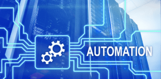 Virtual gears icon with automation inscription on a data center background.