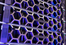 Illuminated purple servers in a hyperconverged environment in modern datacenter.