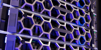 Illuminated purple servers in a hyperconverged environment in modern datacenter.
