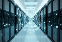 Virtual lock icon on the background of a datacenter.