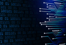 Virtual circuit design on a background of binary values.